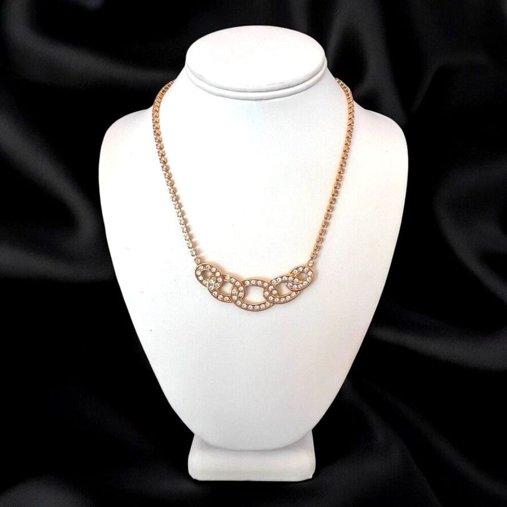 Vintage 1980s Monet Necklace Link Design Clear Crystal Gold Tone - 10D